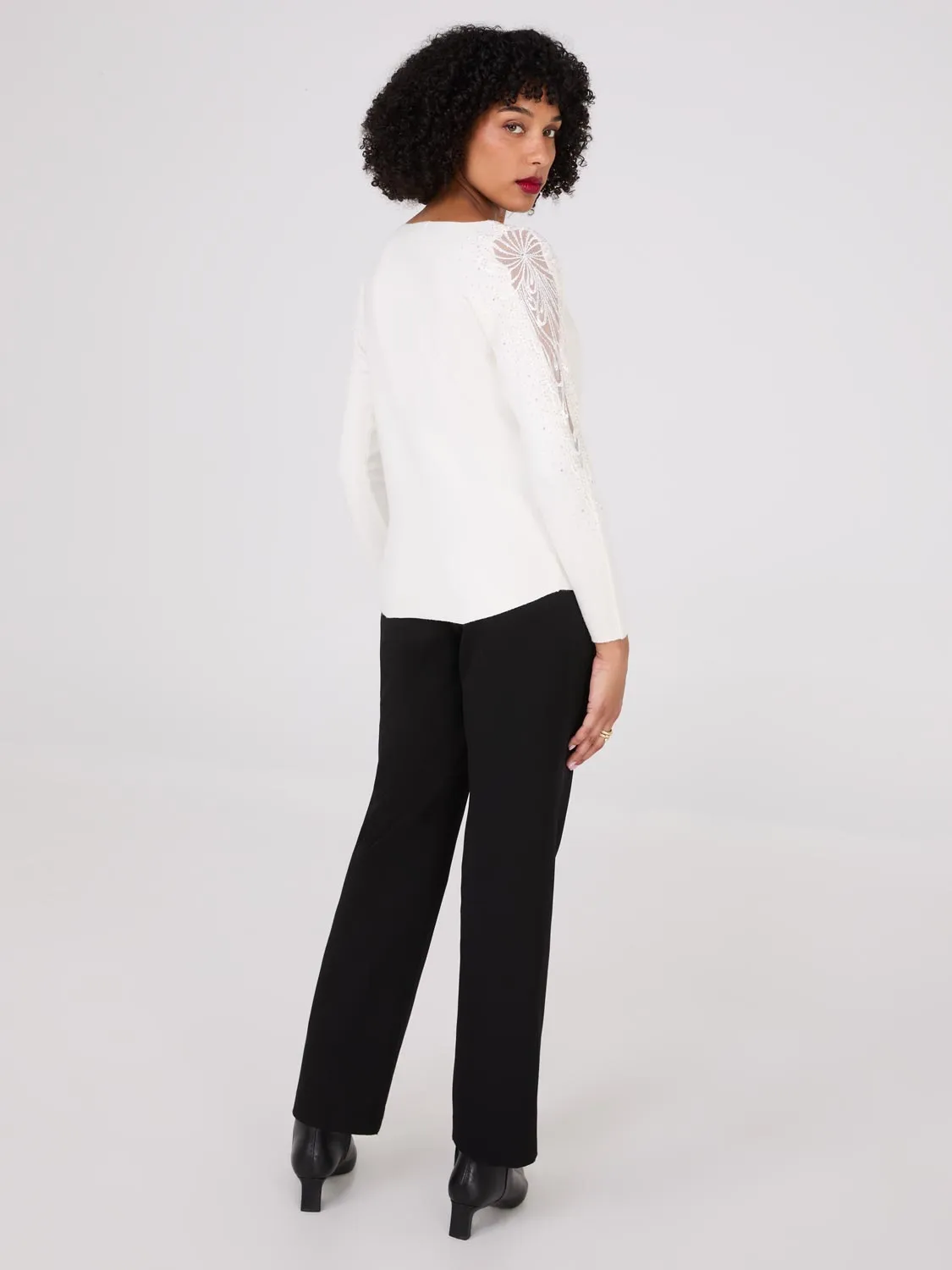 Boat Neck Sweater With Embellished Sleeves