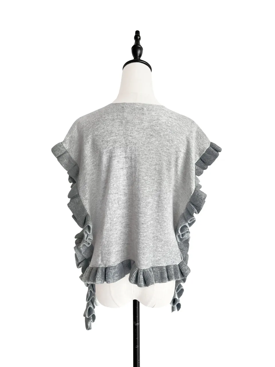 Last Chance! Tonal Grey Pleated Frills Wool & Cashmere Ruana - Scarf