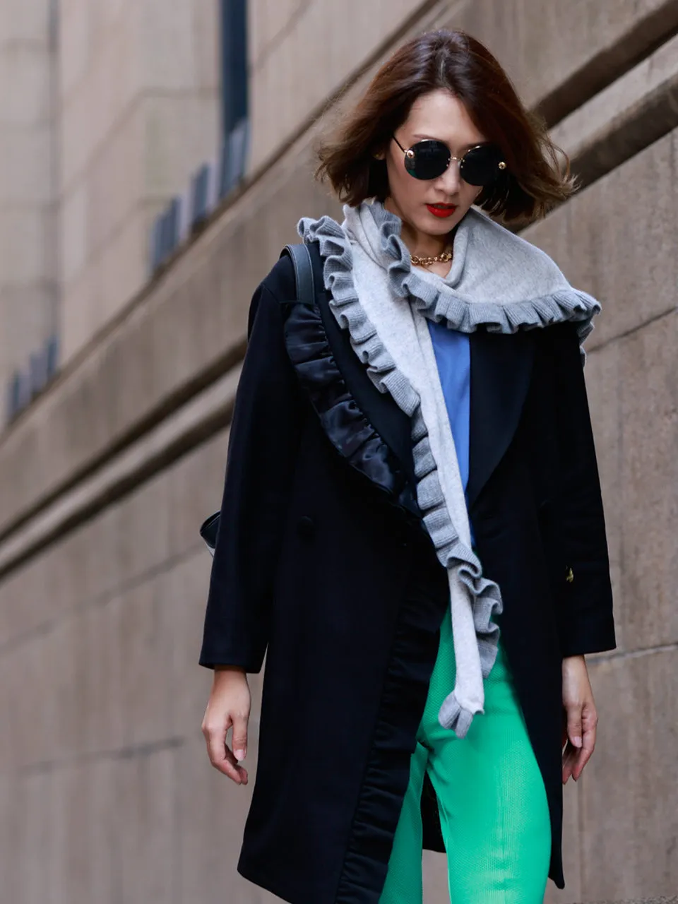 Last Chance! Tonal Grey Pleated Frills Wool & Cashmere Ruana - Scarf
