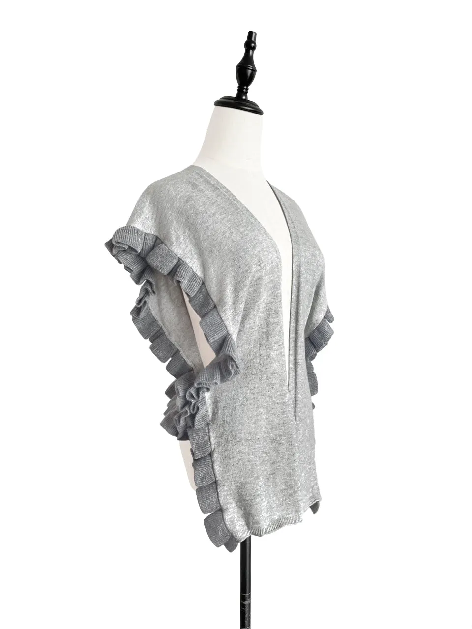 Last Chance! Tonal Grey Pleated Frills Wool & Cashmere Ruana - Scarf